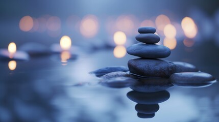 Obraz na płótnie Canvas Zen Stones in Tranquil Water with Candles, Ideal for Wellness, Meditation, and Spa Themes