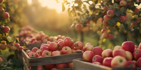 Bountiful apple harvest in rustic orchard at sunset. wooden crates overflowing with fresh fruit. ideal for farming and autumn themes. AI - obrazy, fototapety, plakaty