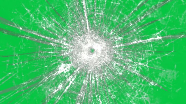 Glass Breaking effect by bullet, gun fire on glass, glass crack, glass broken, glass bullet hole overlay effect animation on green screen chroma key transparent background