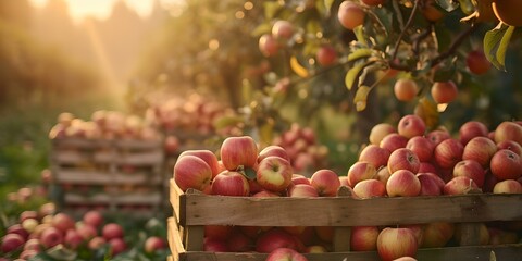 Sunset at an apple orchard with ripe fruits ready for harvest. wooden crates filled with fresh apples nature's bounty. rustic agricultural setting. AI - obrazy, fototapety, plakaty