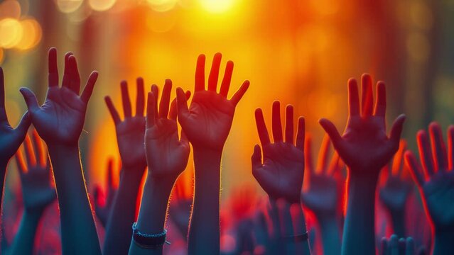 Animation Hands Raised Up, People Enjoy A Concert At The Nightclub  People Clapping Their Hands, Many Hands Of Different Colors And Sizes On A White Background Are Raised Up Forward With Palms. Ai