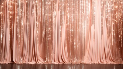 Glitter peach curtains reveal show grand opening stage, Fringe for Wedding Decoration, Birthday Party, Christmas Decoration, New Year's Eve - obrazy, fototapety, plakaty