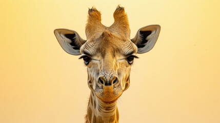 A curious giraffe gazing into the camera, set against a clean light yellow background