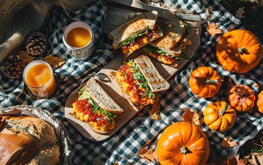 Obraz na płótnie Canvas Checkered Blanket Outdoor Thanksgiving Picnic