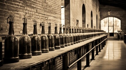 Historic soda bottling plant with vintage glass bottles, a sepia tone, and brick wall surroundings