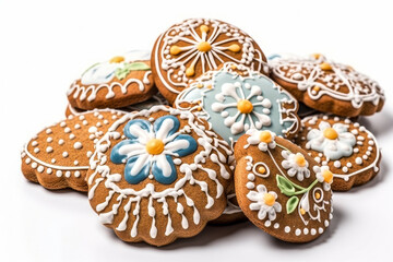 Beautiful Easter gingerbread with icing on white background, Easter cookies