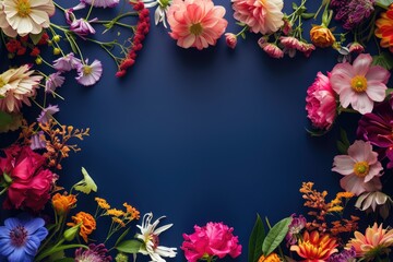 Floral composition on a navy blue background, space for text, concept of Valentine Day, Mother Day, Women Day, wedding day