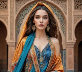 Intricate Beauty: Model Wrapped in Moroccan Textiles Against a Stunning Tile Backdrop