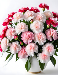 Naklejka na ściany i meble Bouquet of pale pastel carnation flowers. Spring image. Design for message cards with blank spaces for Easter, birthdays, anniversaries, Mother's Day, birthdays, celebrations, etc.