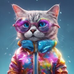  A cute delicate cat looking at the camera and wearing a colorful hoodie and glasses with a beautiful background.