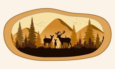 The deer animal silhouettes stand out against backdrop of towering pine trees and mountain, creating a sense of nature artistry, illustration paper art or cut style of an background.