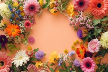 Obraz na płótnie Canvas Floral composition on a orange background, space for text, concept of Valentine Day, Mother Day, Women Day, wedding day
