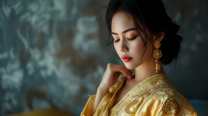 Beautiful asian woman in traditional costume. advertising, beautiful background, suit, bright, colorful, plants flowers, greeting, sale, thai, beautiful well-groomed, korean japan 4k stock photoshoot