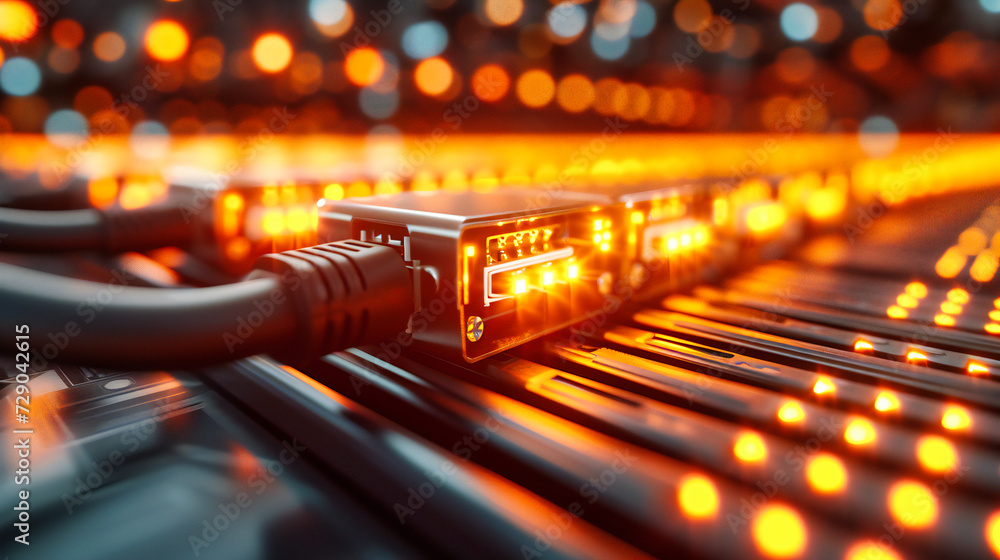 Poster networking technology equipment with a focus on computer cables and switches, suitable for themes re