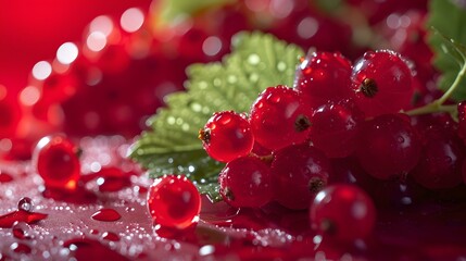 Vibrant red currants on a moist surface with water droplets. close-up, fresh, bright and festive. ideal for culinary projects. AI