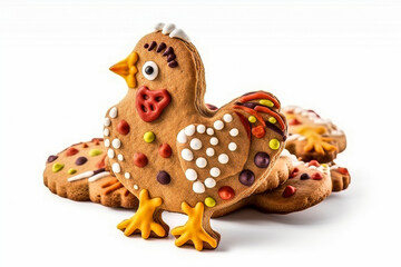 Beautiful Easter gingerbread with icing in shape of chick on a white background, Easter cookies