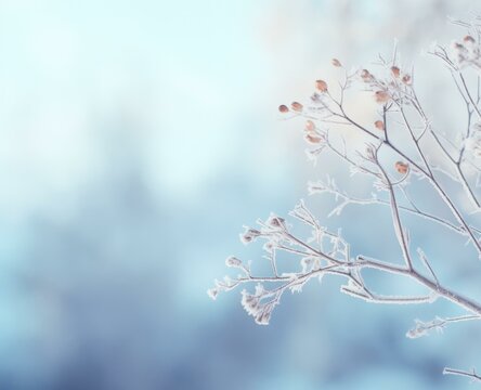 Frosty winter background with blue sky and frosty branches. Generative AI.