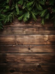 Christmas background with fir branches and pine cones on wooden background. Generative AI.