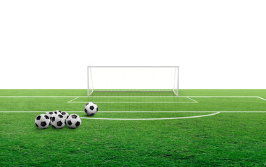 Soccer ball on green field in soccer field ready for game play, transparent background