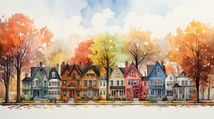 Cluster of family homes, illustrated in watercolor, highlighting the natural warmth of the community