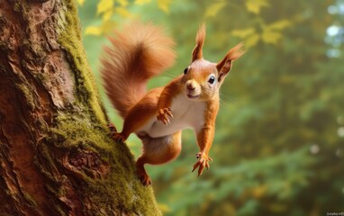 Playful Acrobatics of a Red Squirrel in a Tree