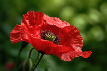 A striking close-up of a vibrant red field poppy, exuding elegance and grace