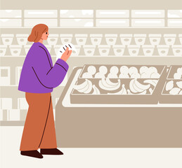 Consumer with shopping list in grocery store. Woman customer with paper plan in supermarket, greengrocery, fruit department. Female buyer, shopper choosing food products. Flat vector illustration