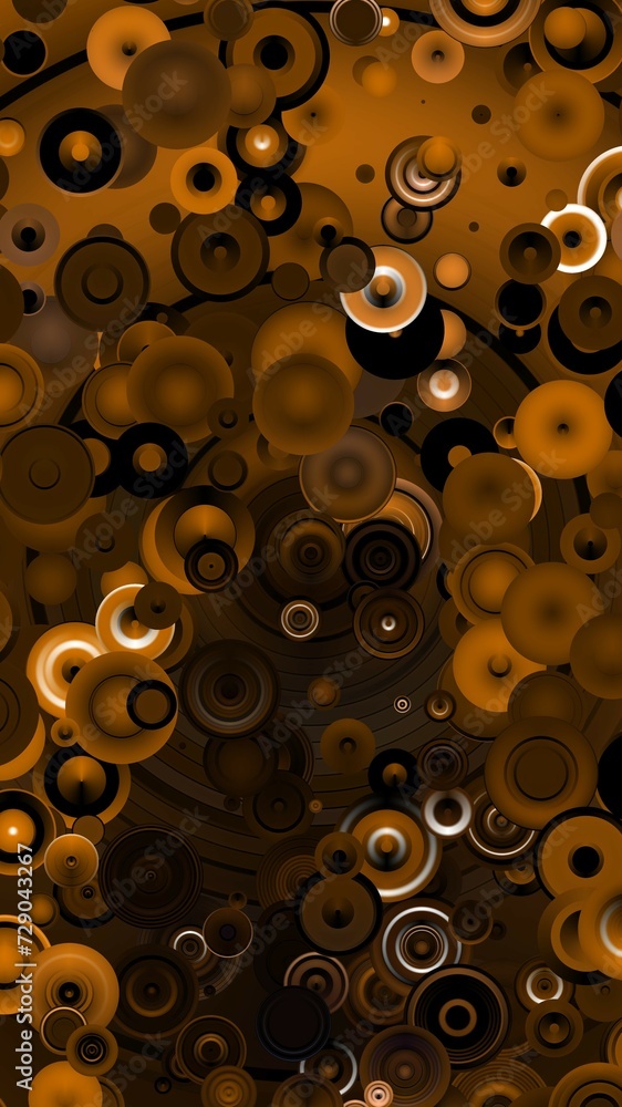 Poster many similar but different overlapping gold coloured and patterned discs