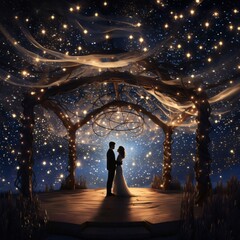 Hugging sa couple in the middle of the gazebo, in the sky stars bright lights. Valentine's Day as a day symbol of affection and love. - obrazy, fototapety, plakaty