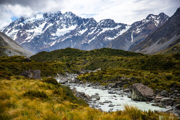 panorama of famous hooker valley trail from mount cook village to hooker lake, scenic hike in...