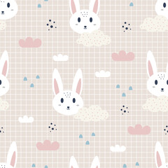Seamless pattern with cute rabbit. Cartoon animals background. Pastel color for wallpaper, background, wrapping, kids apparel, fabric, textile. Vector illustration