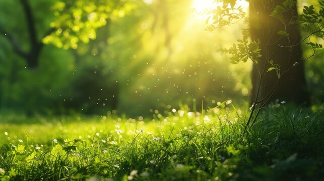 Defocused green trees in forest or park with wild grass and sun beams. Beautiful summer spring natural background.