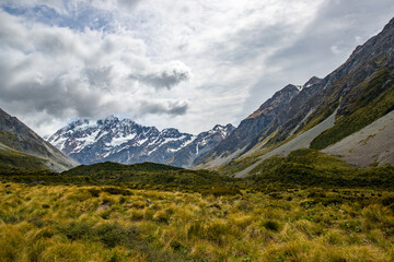 panorama of famous hooker valley trail from mount cook village to hooker lake, scenic hike in southern alps, canterbury, new zealand south island