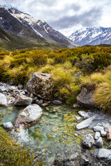 panorama of famous hooker valley trail from mount cook village to hooker lake, scenic hike in...