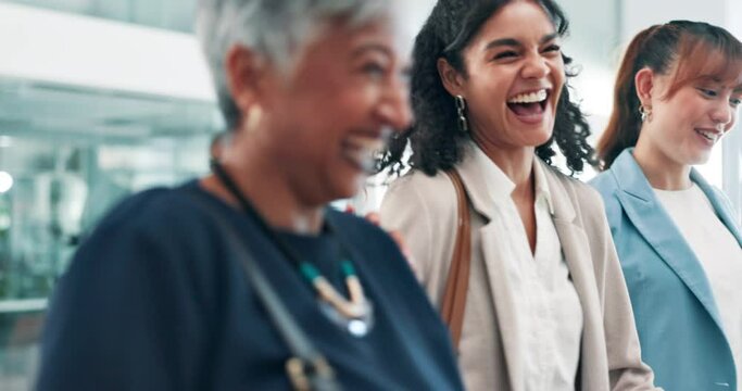 Business, women and walking in office with laughing for corporate joke or commute at modern workplace. Employees, coworkers and travel with collaboration, team building or conversation with diversity