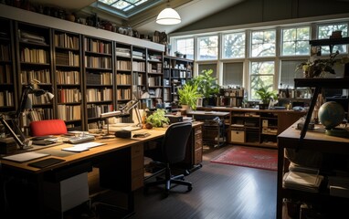 Editorial Office with Bookshelves in a Publishing Company - obrazy, fototapety, plakaty