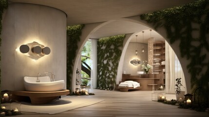 Interior of luxury spa salon in eco style, treatment area decorated with natural elements.