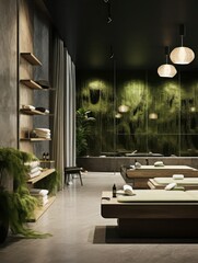 Beige with green interior of spa salon in eco style, couches for procedures and towels, fragrance...