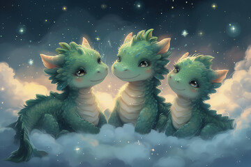 Obraz na płótnie Canvas Three cute green dragons are sitting on the clouds.