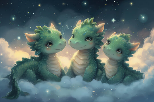 Three cute green dragons are sitting on the clouds.