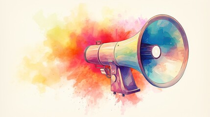 Retro megaphone with a dialogue box, detailed with a watercolor wash, bright yet natural hues