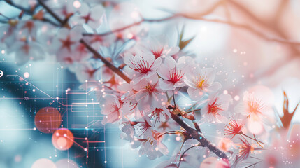 double exposure of cherry blossom and data