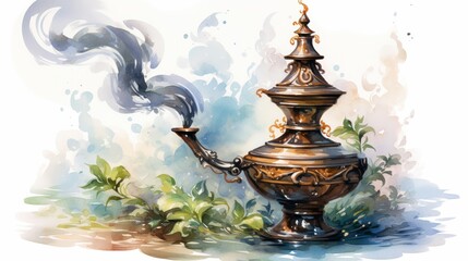 Old-world genie lamp with a gentle smoke trail, set in a watercolor scene with soft, earthy tones