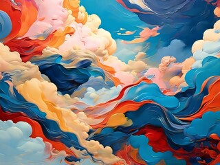 Una interpretación surrealista y abstracta de las nubes, con trazos audaces y remolinos de pintura que crean una sensación de movimiento y profundidad