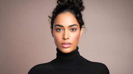 Portrait o beautiful brunette woman tanned skin face cosmetic makeup wear black turtleneck sweater.