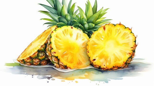 Fresh pineapple slices, vivid and juicy, portrayed in a bright watercolor style on a white backdrop