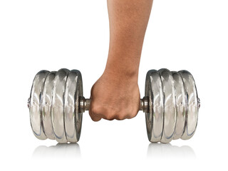 A man's hand is holding a dumbbell. transparent background