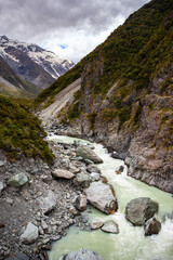 panorama of famous hooker valley trail from mount cook village to hooker lake, scenic hike in southern alps, canterbury, new zealand south island