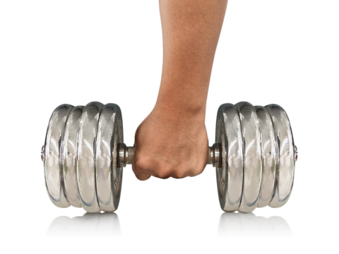 A man's hand is holding a dumbbell. transparent background