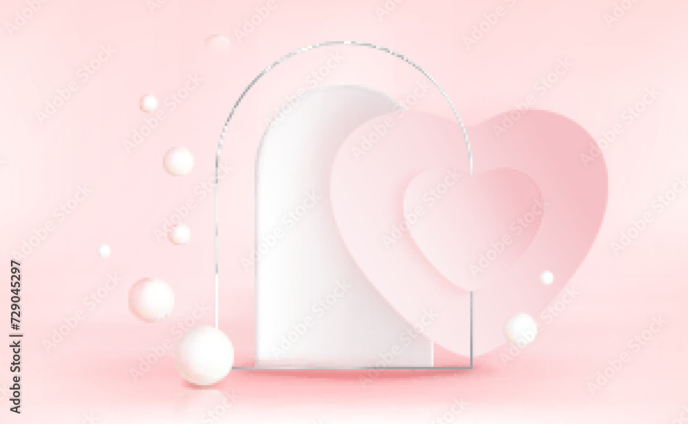 Poster pink pastel background with abstract composition from heart and ball shapes on arch shape. realistic